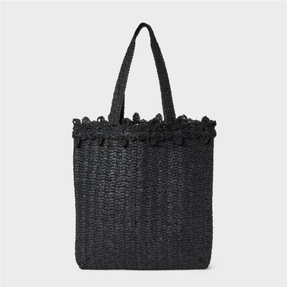 A NEW DAY NWT large floral print straw tote bag -black
